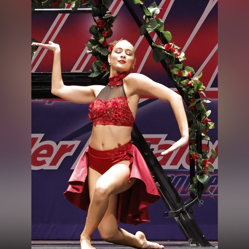 Custom Lea Marie dance costume. Color is burgundy. Top AXS, bottoms AS